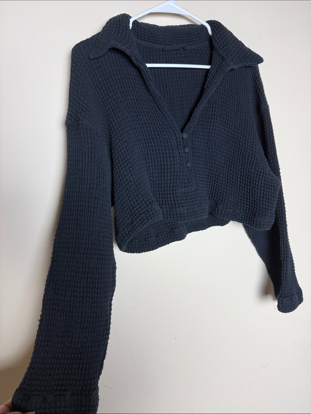 Free People Waffle Knit Gauzy Black Cropped Button Up Top Wide longsleeves No SZ